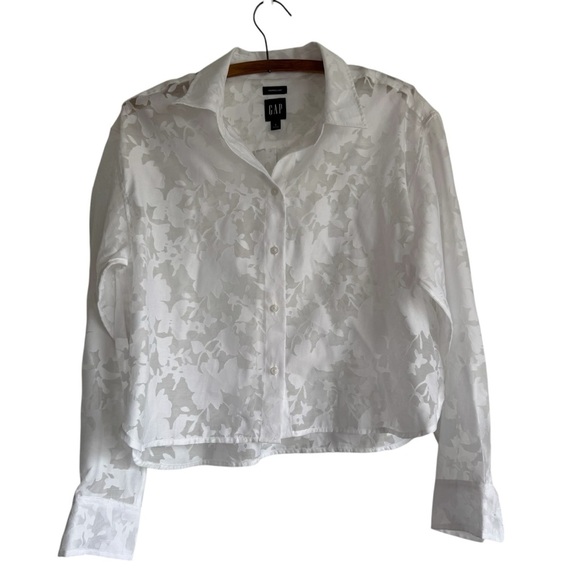 GAP Sheer Floral Cropped Button Down Curved Hem Off White Women’s Size Small - Picture 3 of 7